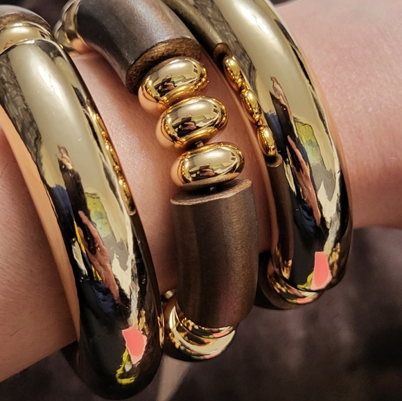 Piper K Set Of 3 Gold and Brown Statement Bracelet with Spherical Embellishments - Picture 4 of 13